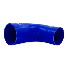 Load image into Gallery viewer, Mishimoto Silicone Reducer Coupler 90 Degree 3in to 4in - Blue - Side View