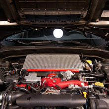 Load image into Gallery viewer, Mishimoto Subaru 08-15 WRX STi Top-Mount Intercooler Kit - Powder Coated Silver &amp; Red Hoses - Installation View