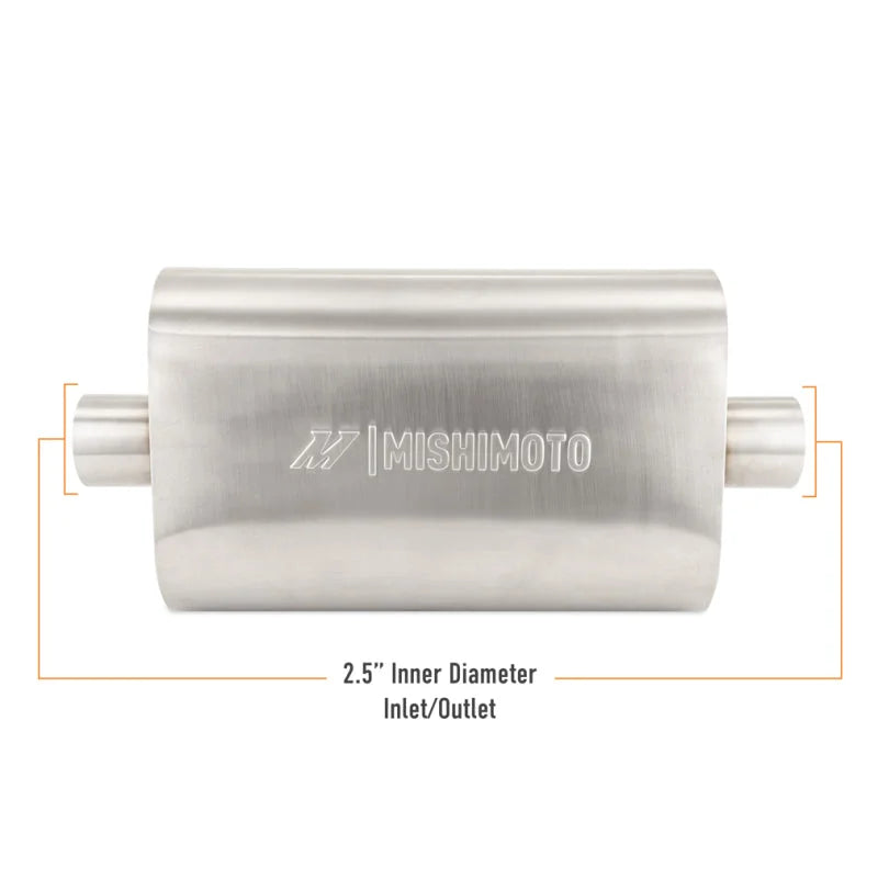 Mishimoto Universal Muffler with 2.5in Center Inlet/Outlet - Brushed - Side View