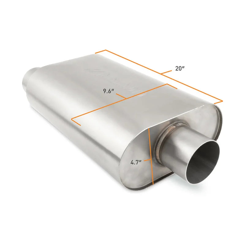 Mishimoto Universal Muffler with 3.0in Offset Inlet/Outlet - Brushed - Side View