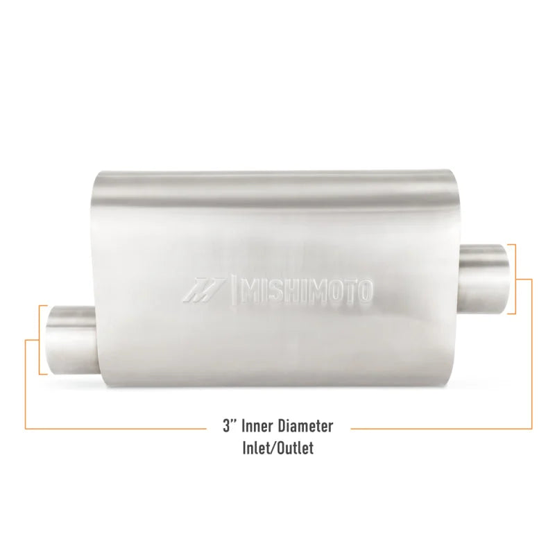Mishimoto Universal Muffler with 3.0in Offset Inlet/Outlet - Brushed - Installation View