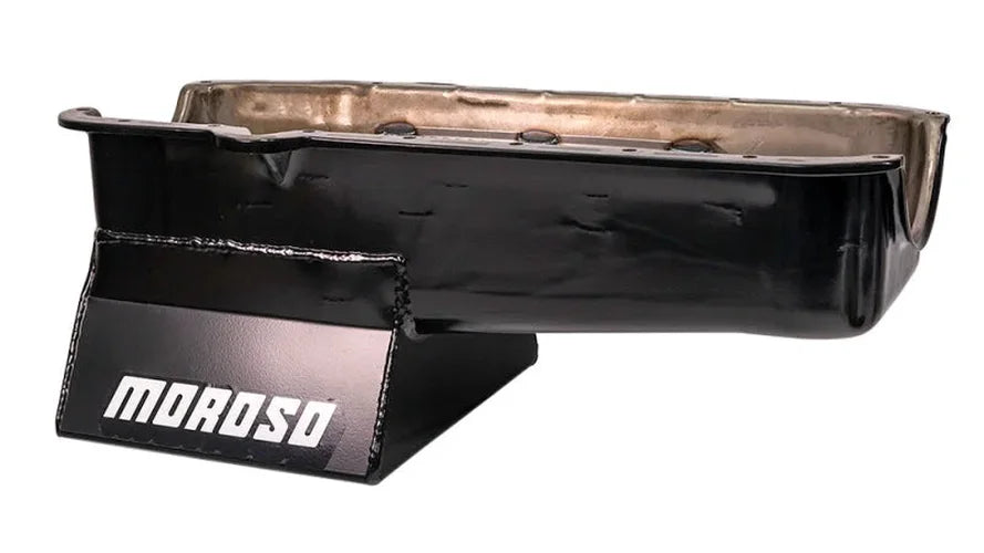 Moroso 80-85 Chevrolet SBC (w/Passenger Side Dipstick) Wet Sump 7qt 8.25in Steel Oil Pan - Black - Installation View