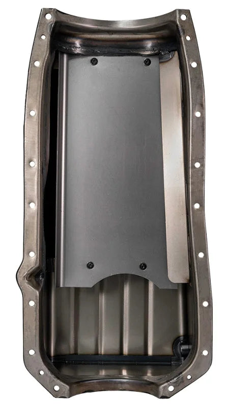 Moroso 65-Up Oldsmobile V-8 (330-455) Marine Stroker Box Sump Flat Bottom 10qt 7.25in Steel Oil Pan - Installation View
