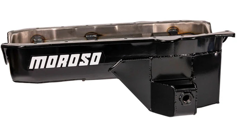 Moroso 80-85 Chevrolet SBC (w/Passenger Side Dipstick) Wet Sump 5.5qt 7.5in Steel Oil Pan - Black - Main Product View