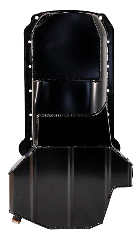 Moroso 80-85 Chevrolet SBC (w/Passenger Side Dipstick) Wet Sump 5.5qt 7.5in Steel Oil Pan - Black - Back View