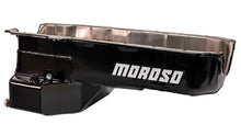 Load image into Gallery viewer, Moroso 80-85 Chevrolet SBC (w/Passenger Side Dipstick) Wet Sump 5.5qt 7.5in Steel Oil Pan - Black - Installation View