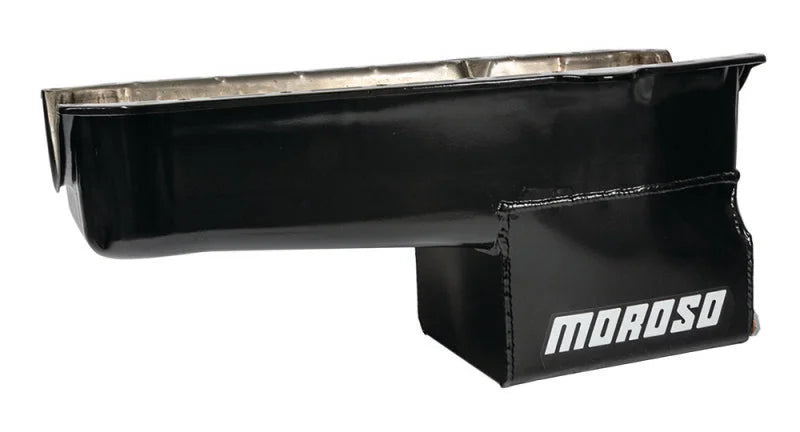 Moroso 80-85 Chevrolet SBC (w/Passenger Side Dipstick) Wet Sump 7qt 9.5in Steel Oil Pan - Black - Back View