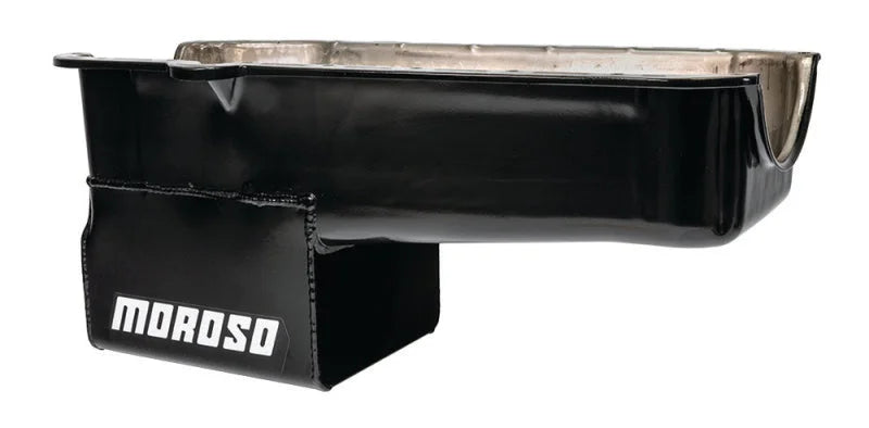 Moroso 80-85 Chevrolet SBC (w/Passenger Side Dipstick) Wet Sump 7qt 9.5in Steel Oil Pan - Black - Installation View