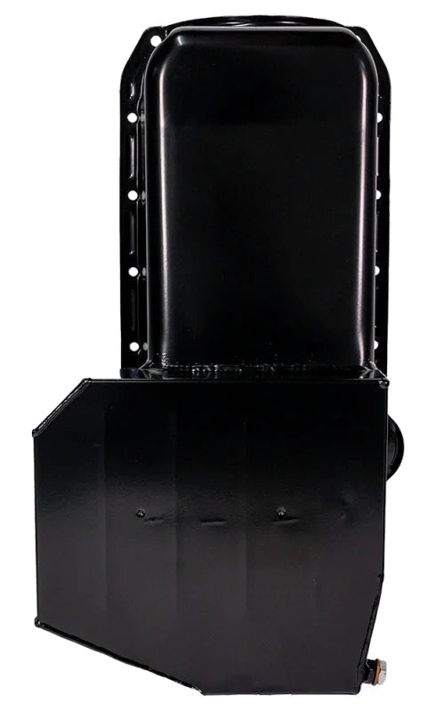 Moroso 80-85 Chevrolet SBC(w/Passenger Side Dipstick) Wet Sump 7qt 7.5in Steel Oil Pan - Black - Back View