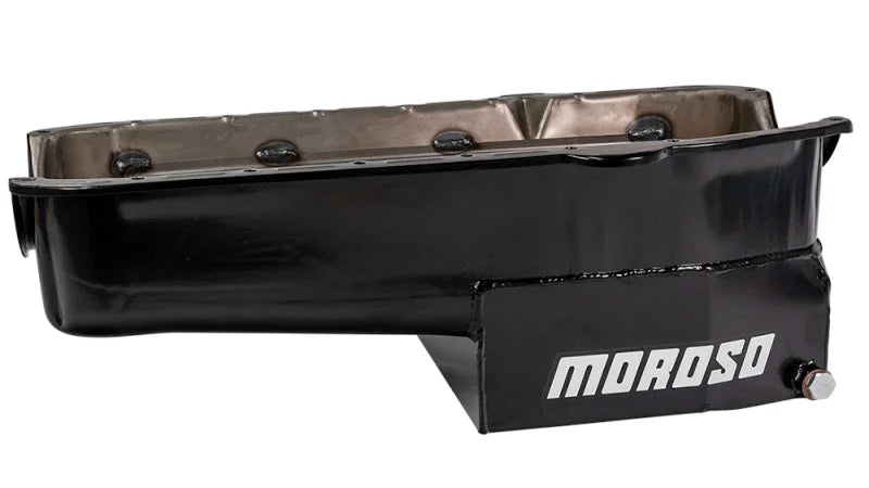 Moroso 80-85 Chevrolet SBC(w/Passenger Side Dipstick) Wet Sump 7qt 7.5in Steel Oil Pan - Black - Installation View