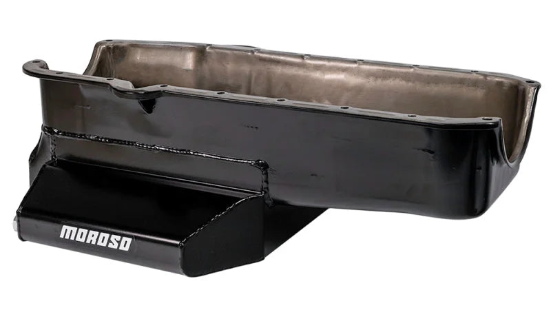 Moroso 80-85 Chevy SBC/Dart (w/2 Pc Seal/Low Clearance) Wet Sump 7qt 7in Steel Oil Pan - Black - Side View