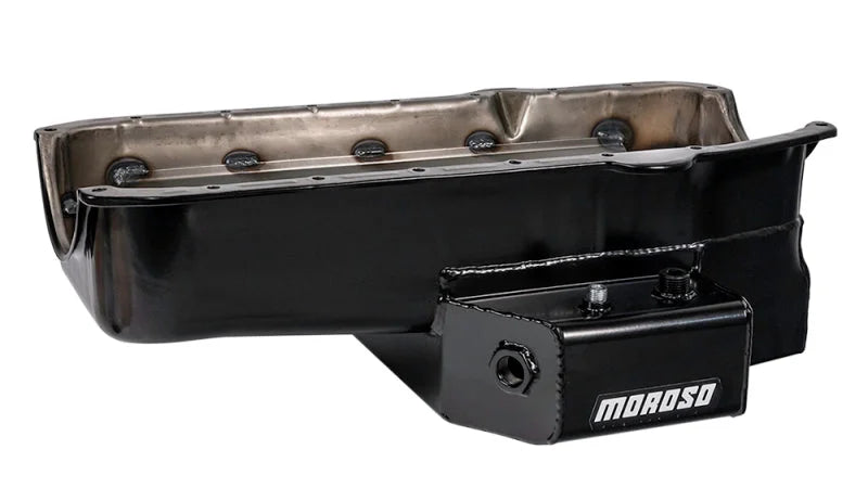 Moroso 80-85 Chevy SBC/Dart (w/2 Pc Seal/Low Clearance) Wet Sump 7qt 7in Steel Oil Pan - Black - Back View