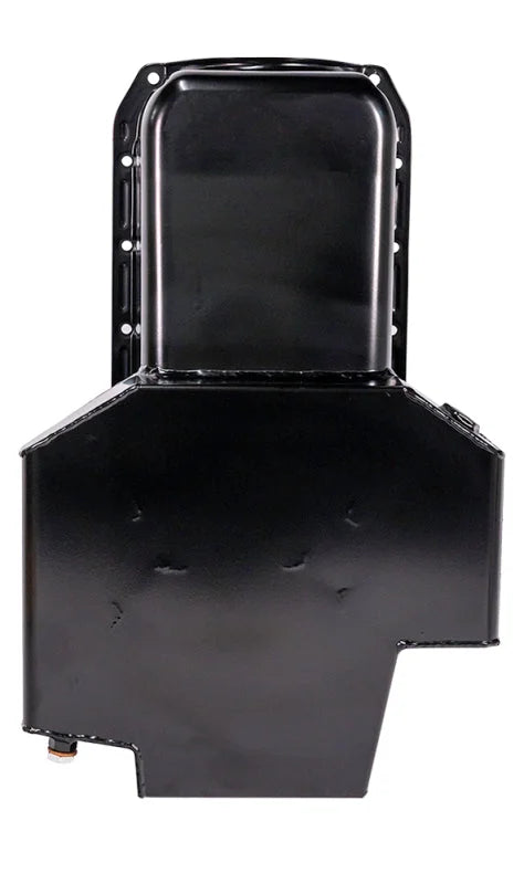 Moroso 80-85 Chevy SBC/Dart (w/2 Pc Seal/Low Clearance) Wet Sump 7qt 7in Steel Oil Pan - Black - Installation View