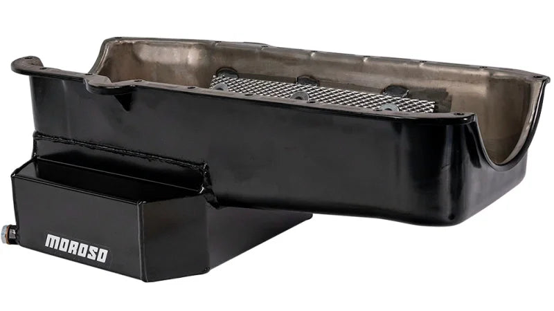 Moroso 80-85 Chevy Small Block/Dart (w/2 Pc Seal) Road Race Wet Sump 7qt 7.5in Steel Oil Pan - Black - Side View