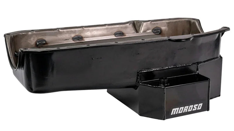 Moroso 80-85 Chevy Small Block/Dart (w/2 Pc Seal) Road Race Wet Sump 7qt 7.5in Steel Oil Pan - Black - Installation View