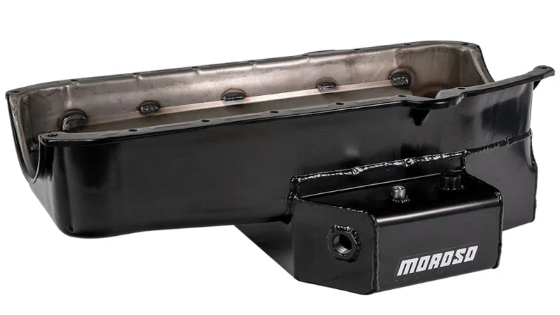 Moroso 86-Up Chevrolet SBC (w/1 Pc Seal & Low Clearance) Wet Sump 7qt 7in Steel Oil Pan - Black - Main Product View