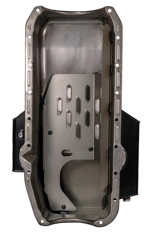 Moroso 86-Up Chevrolet SBC (w/1 Pc Seal & Low Clearance) Wet Sump 7qt 7in Steel Oil Pan - Black - Side View