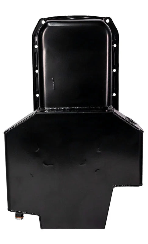 Moroso 86-Up Chevrolet SBC (w/1 Pc Seal & Low Clearance) Wet Sump 7qt 7in Steel Oil Pan - Black - Back View