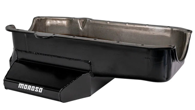 Moroso 86-Up Chevrolet SBC (w/1 Pc Seal & Low Clearance) Wet Sump 7qt 7in Steel Oil Pan - Black - Installation View