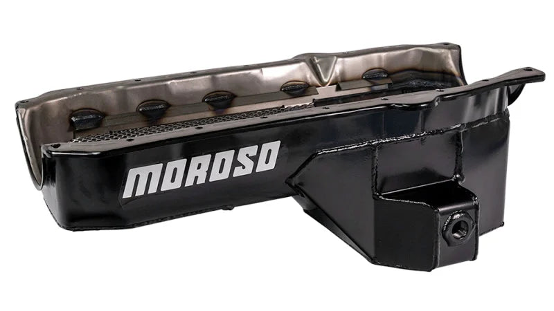 Moroso 86-Up Chevrolet SBC (w/Passenger Side Dipstick) Wet Sump 5.5qt 7.5in Steel Oil Pan - Black - Side View