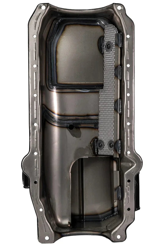 Moroso 86-Up Chevrolet SBC (w/Passenger Side Dipstick) Wet Sump 5.5qt 7.5in Steel Oil Pan - Black - Back View