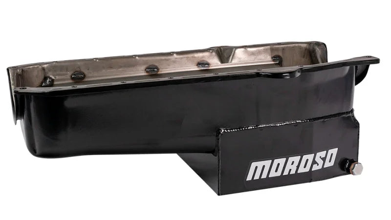 Moroso 86-Up Chevrolet Small Block (w/1 Pc Rear Main Seal) Wet Sump 7qt 7.5in Steel Oil Pan - Black - Back View