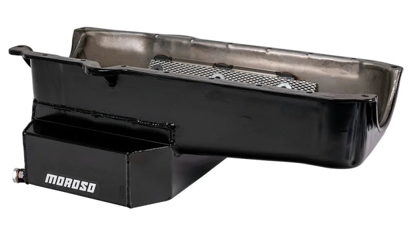 Moroso 86-Up Chevrolet Small Block (w/1 Pc Seal) Road Race Wet Sump 7qt 7.5in Steel Oil Pan - Black - Back View