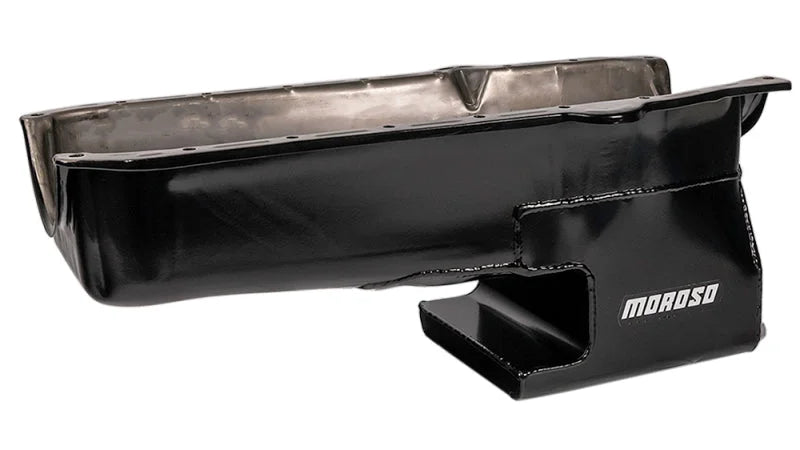 Moroso 86-Up Chevrolet Small Block (w/1 Piece Rear Main Seal) Wet Sump 6qt 9in Steel Oil Pan - Black - Back View