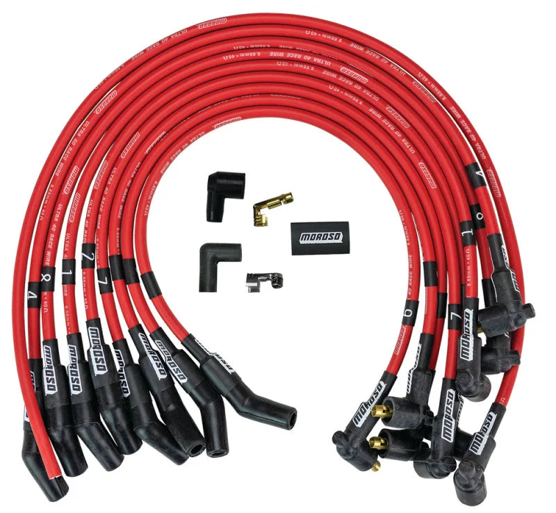 Moroso Ford 289-302 Ignition Wire Set - Ultra 40 - Unsleeved - Non-HEI - Under Header - Red - Side View