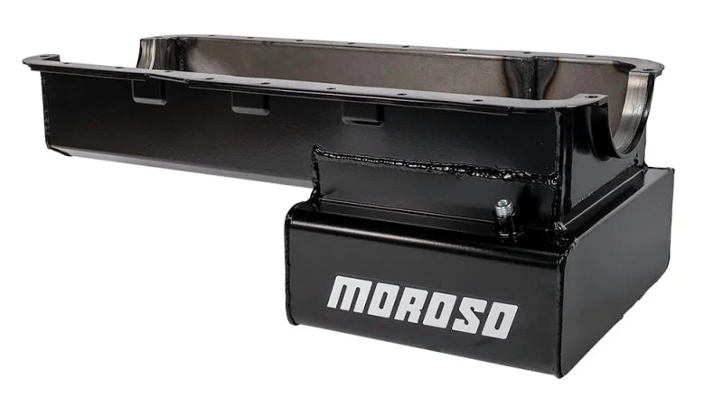 Moroso Ford 351W (w/Front Sump & Billet End Seals) Road Race Baffled Wet Sump 7qt 8in Steel Oil Pan - Side View