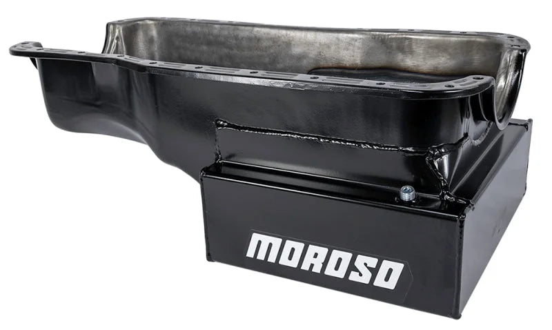 Moroso Ford 351W (w/Front Sump) Kicked Out Road Race Baffled 9qt 8in Steel Oil Pan - Side View