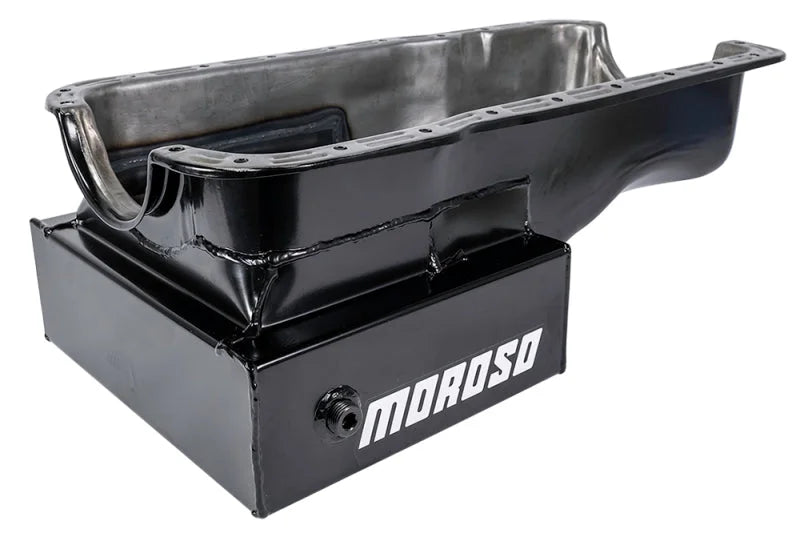Moroso Ford 351W (w/Front Sump) Kicked Out Road Race Baffled 9qt 8in Steel Oil Pan - Back View