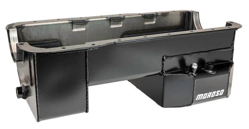 Moroso Ford 351W (w/Rear Sump & Billet End Seals) Road Race Baffled Wet Sump 7qt 7.5in Steel Oil Pan - Back View