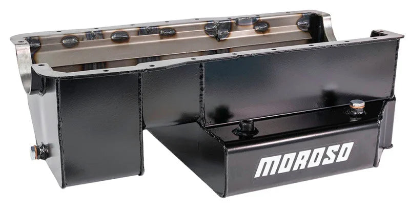 Moroso Ford 351W (w/Rear Sump) Kicked Out Circle Track Baffled Wet Sump 9qt 7.5in Steel Oil Pan - Side View