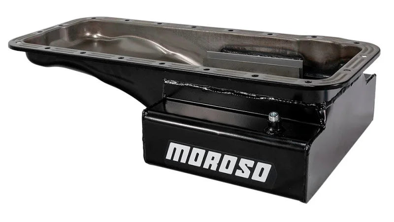 Moroso Ford 352-428 FE (w/Front Sump) Kicked Out Road Race Baffled 8qt 6in Steel Oil Pan - Back View