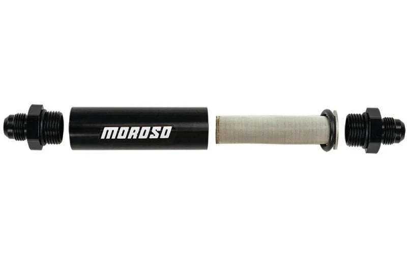 Moroso In-Line Fuel Filter - 6.5in -10An - 40 Micron SS Filter - Aluminum - Detail View