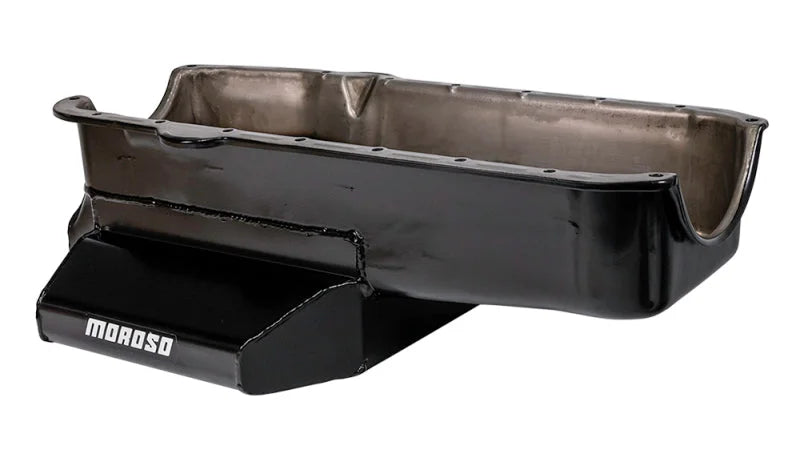 Moroso Pre-80 Chevrolet SBC (w/2 Pc Seal & Low Clearance) Wet Sump 7qt 7in Steel Oil Pan - Black - Side View