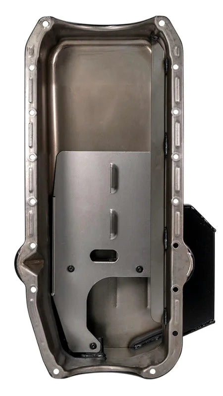Moroso Pre-80 Chevrolet SBC (w/Driver Side Dipstick) Wet Sump 7qt 7.5in Steel Oil Pan - Black - Back View