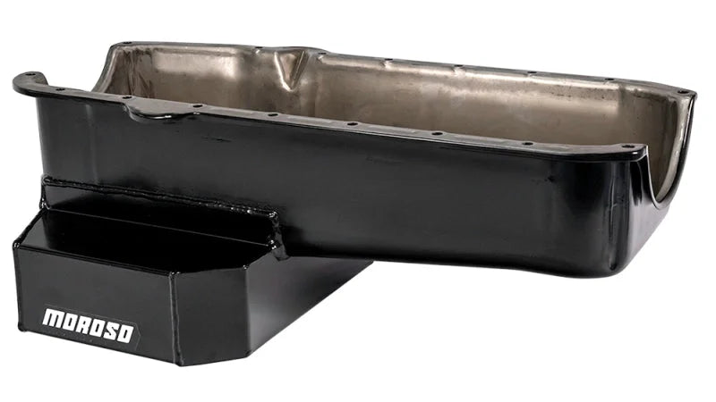 Moroso Pre-80 Chevrolet SBC (w/Driver Side Dipstick) Wet Sump 7qt 7.5in Steel Oil Pan - Black - Installation View