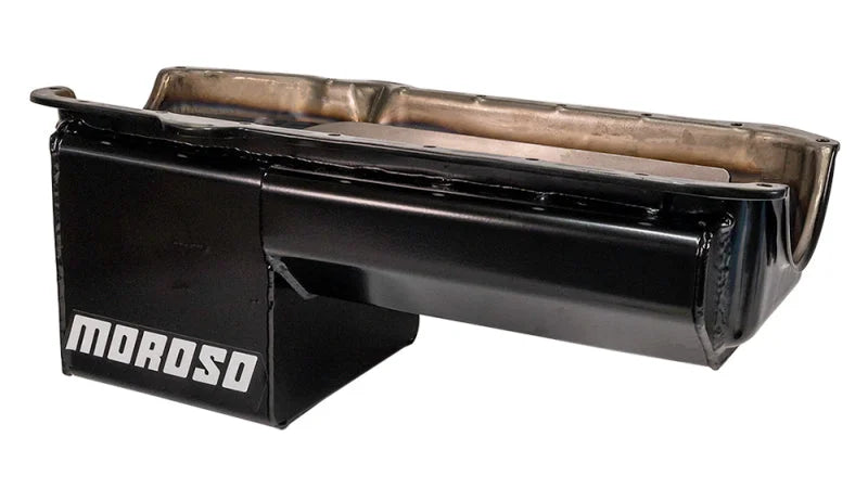 Moroso Pre-80 Chevrolet SBC/Dart Little M Power Pouch Wet Sump 7qt 8.25in Steel Oil Pan - Black - Side View