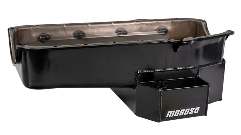 Moroso Pre-80 Chevrolet Small Block (w/2 Pc Seal) Road Race Wet Sump 7qt 7.5in Steel Oil Pan - Black - Installation View