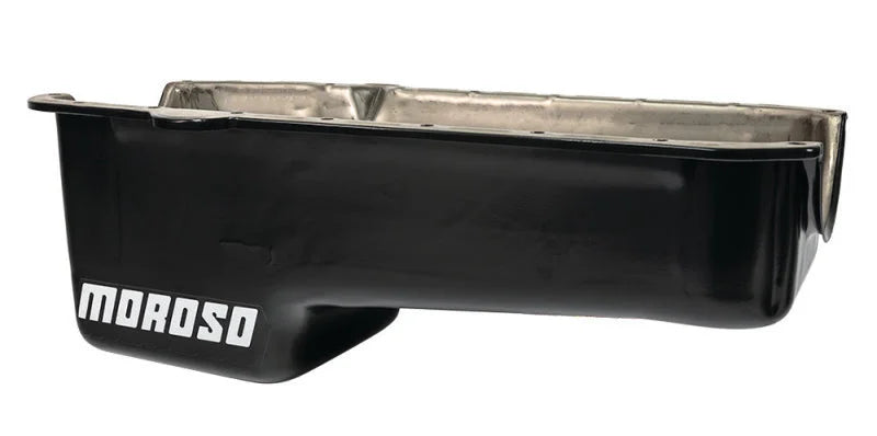 Moroso Pre-80 Chevrolet Small Block (w/Driver Side Dipstick) Wet Sump 5qt 7.5in Steel Oil Pan - Blk - Side View