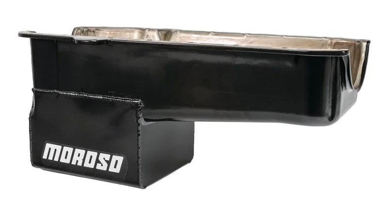 Moroso Pre-80 Chevrolet Small Block (w/Driver Side Dipstick) Wet Sump 7qt 9.5in Steel Oil Pan - Blk - Side View