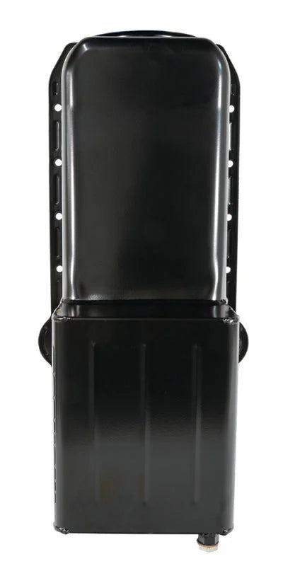 Moroso Pre-80 Chevrolet Small Block (w/Driver Side Dipstick) Wet Sump 7qt 9.5in Steel Oil Pan - Blk - Back View