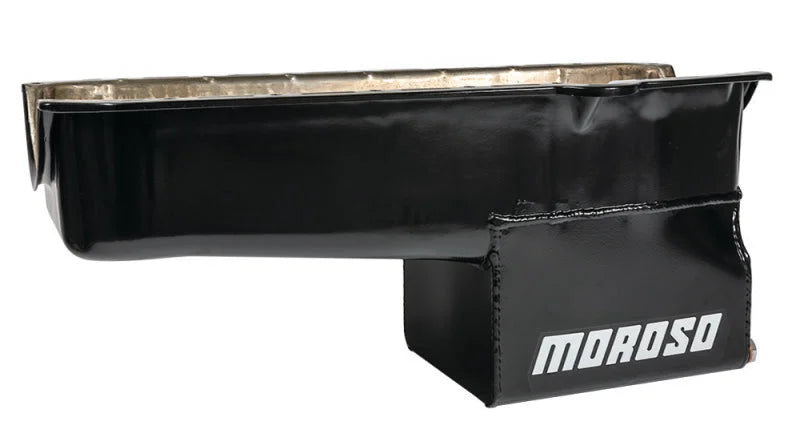 Moroso Pre-80 Chevrolet Small Block (w/Driver Side Dipstick) Wet Sump 7qt 9.5in Steel Oil Pan - Blk - Installation View
