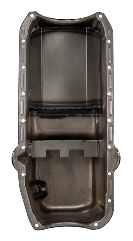 Moroso Pre-85 Chevrolet Small Block (w/Driver Side Dipstick) Wet Sump 6qt 8.25in Steel Oil Pan - Blk - Back View