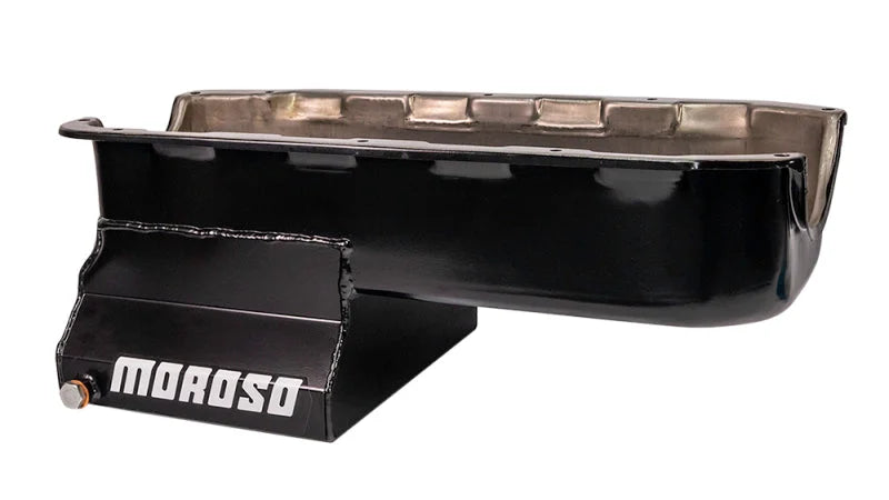 Moroso Pre-85 Chevrolet Small Block (w/Driver Side Dipstick) Wet Sump 7qt 8.25in Steel Oil Pan - Blk - Installation View