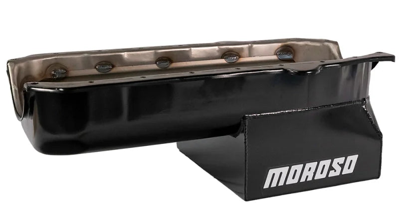 Moroso Pre-85 Chevrolet Small Block (w/Passenger Side Dipstick) Wet Sump 7qt 8in Steel Oil Pan - Blk - Side View