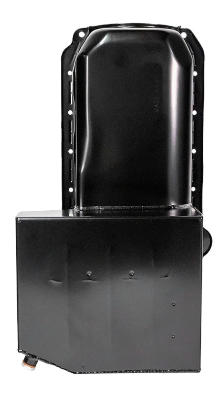 Moroso Pre-85 Chevrolet Small Block (w/Passenger Side Dipstick) Wet Sump 7qt 8in Steel Oil Pan - Blk - Back View