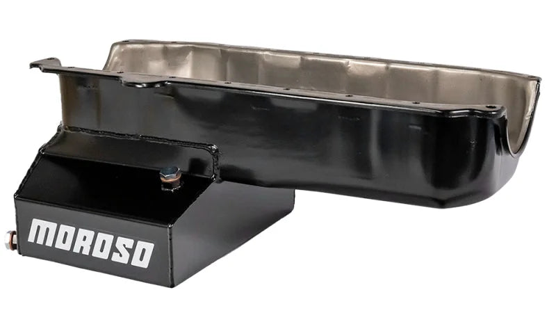 Moroso Pre-85 Chevrolet Small Block (w/Passenger Side Dipstick) Wet Sump 7qt 8in Steel Oil Pan - Blk - Installation View